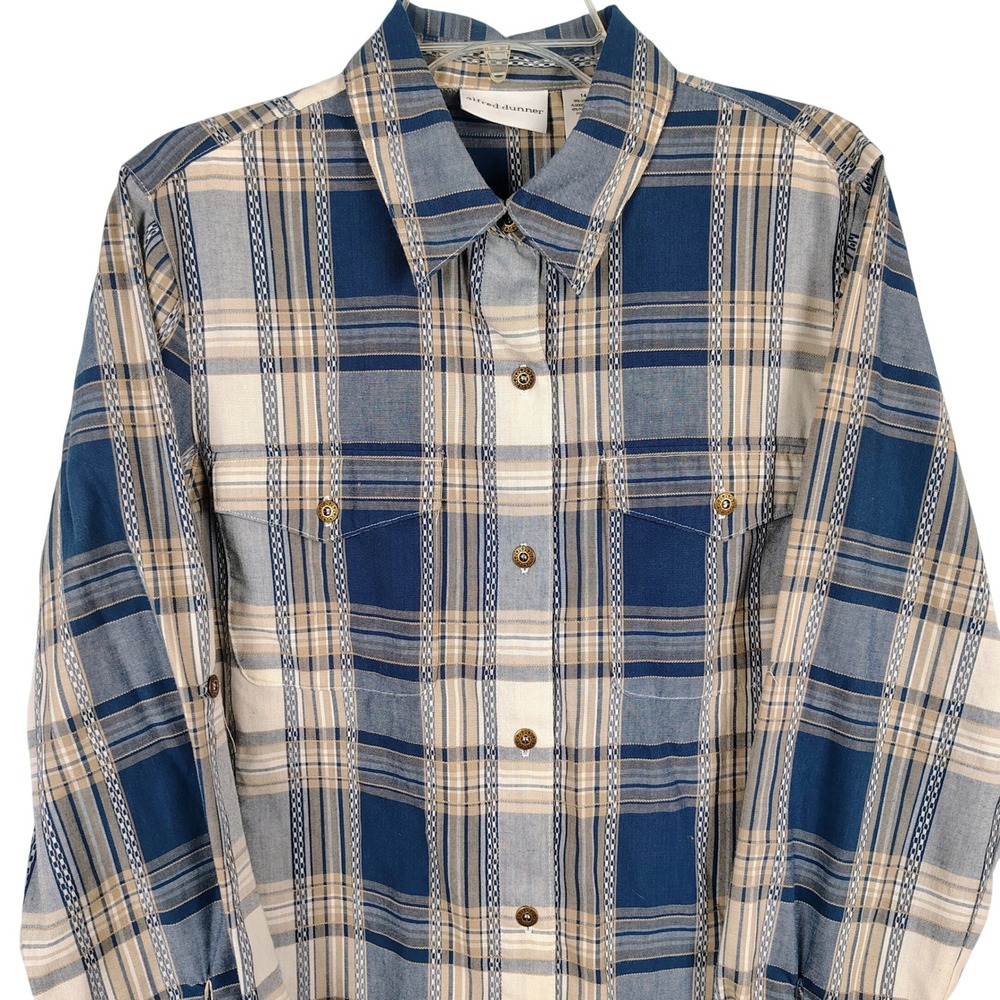 Alfred Dunner Womens SZ 14 Plaid Button Down Shirt Blue Tan Cabincore Workwear